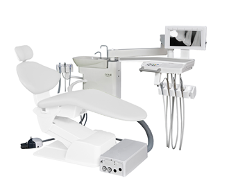Belmont Clesta E III over the patient delivery system with spittoon without light. Includes 2 x Optic handpiece lines, 2 x triplex Syringes, high and low volume suction plus more.